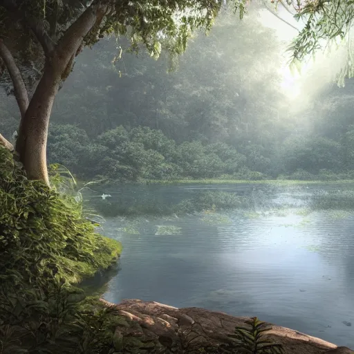 Image similar to Misty lake in the middle of the jungles, 8k, detailed, concept art, trending on artstation