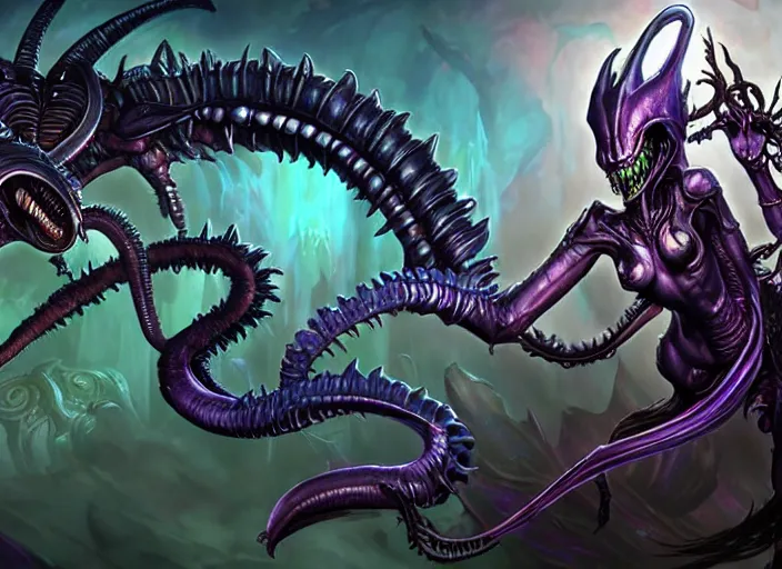 Prompt: ridley scott xenomorph alien queen fairy princess, fantasy, whimsical, dungeons and dragons, league of legends splash art, heroes of the storm splash art, hearthstone splash art, world of warcraft splash art, overwatch splash art, art by artgerm, art by alphonse mucha, intricately detailed, highly detailed, trending on artstation, 4 k, wallpaper