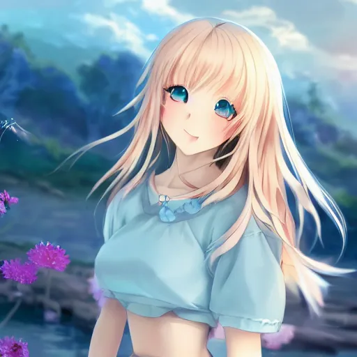 Prompt: a very beautiful anime girl, full body, long wavy blond hair, sky blue eyes, full round face, short smile, cute top, miniskirt, flower in hair, summer lake setting, cinematic lightning, medium shot, mid-shot, highly detailed, trending on Artstation, Unreal Engine 4k, cinematic wallpaper by Stanley Artgerm Lau, WLOP, Rossdraws, James Jean, Andrei Riabovitchev, Marc Simonetti, and Sakimichan