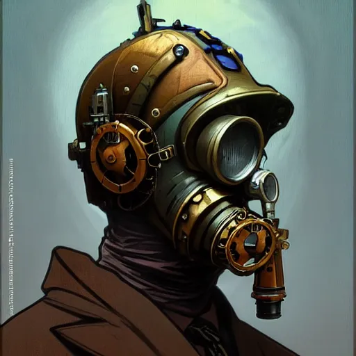 Prompt: portrait of a vicotrian steampunk in suit wearing a gas mask by darek zabrocki and greg ruthkowski, alphonse mucha, simon stalenhag and cinematic and atmospheric, concept art, artstation, trending on artstation