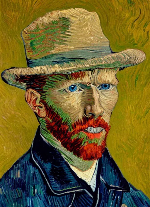 Prompt: lifelike oil painting self - portrait of van gogh wearing a fedora