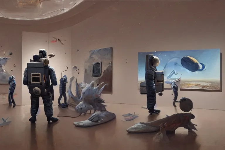 Prompt: an astronaut in an art gallery museum, surrealism, art gallery full of floating paintings, space, expressive oil painting, by greg rutkowski, by james gilleard, digital, trending on artstation, octane render, highly detailed