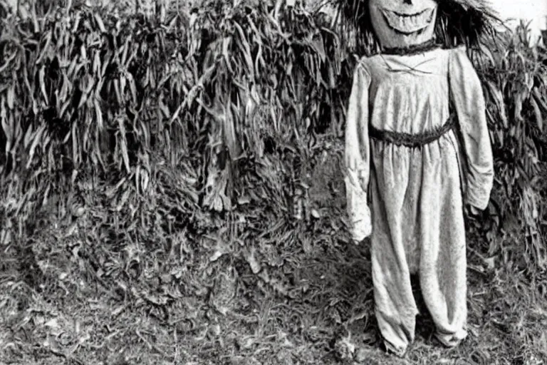 Image similar to horrifying scarecrow from the early 1 9 0 0's in the cornfields