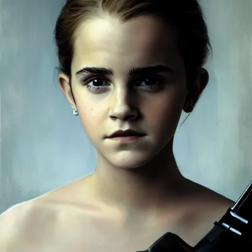 Image similar to a stunning portrait painting of young Emma Watson, holding a rifle, extremely detailed, 4K
