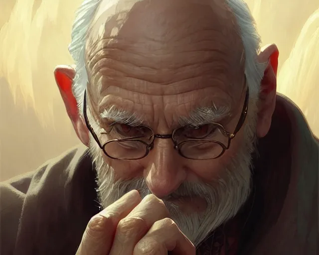 Prompt: old man with a ring on each finger, deep focus, d & d, fantasy, intricate, elegant, highly detailed, digital painting, artstation, concept art, matte, sharp focus, illustration, hearthstone, art by artgerm and greg rutkowski and alphonse mucha