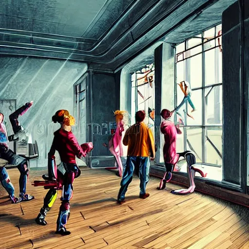 Image similar to group of cyborgs dancing in a 1 8 th century room, one cyborg eating snacks close to camera, city outside large windows, daytime, happy, cables everywhere, wooden parquet, old furniture, cute, childrens book illustration