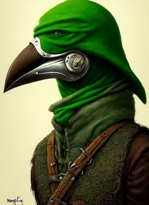 Prompt: rpg! profile! portrait of humanoid bird on white background, beak, feathers, plague doctor, green! clothes, intricate, highly detailed, digital painting, artstation, concept art, smooth, sharp focus, illustration, art by norman rockwell emiliano ponzi andrey remnev yoann lossel aaron jasinski, 8 k