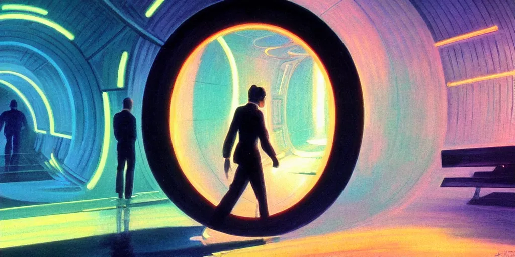 Image similar to a beautiful painting of a person walking out of a stargate by syd mead 8 k particulate neon light film grain