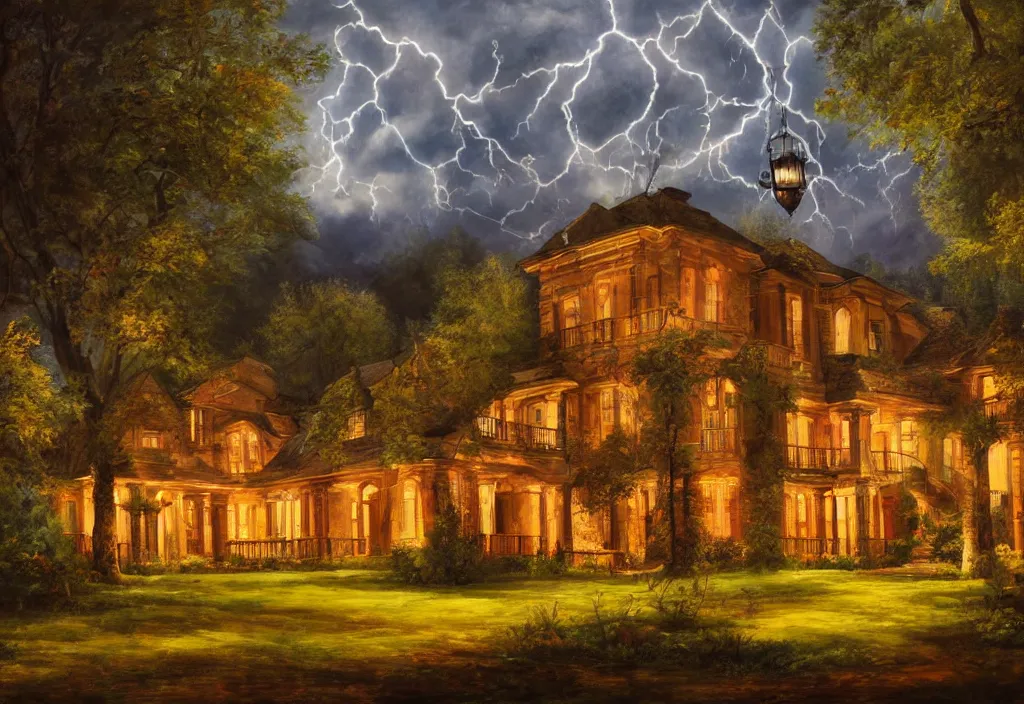 Prompt: luxury mansion in the woods, there is lanterns around illuminating the environment, cinematic lightning, dramatic, clouds, sky, the time of day is dusk, highly detailed, oil painting,