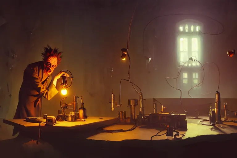 Prompt: mad scientist by otto dix and greg rutkowski and andreas rocha, cinematic lighting, highly detailed, warm colours, 4 k