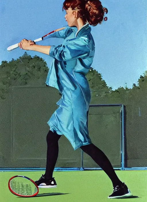 Prompt: a low angle copic maker art nouveau portrait of a tired russian girl playing tennis on a grass court wearing a futuristic blue anorak and a black latex suit designed by balenciaga by john berkey norman rockwell