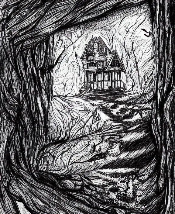 Image similar to a page of horror novel's illustration, pen sketch