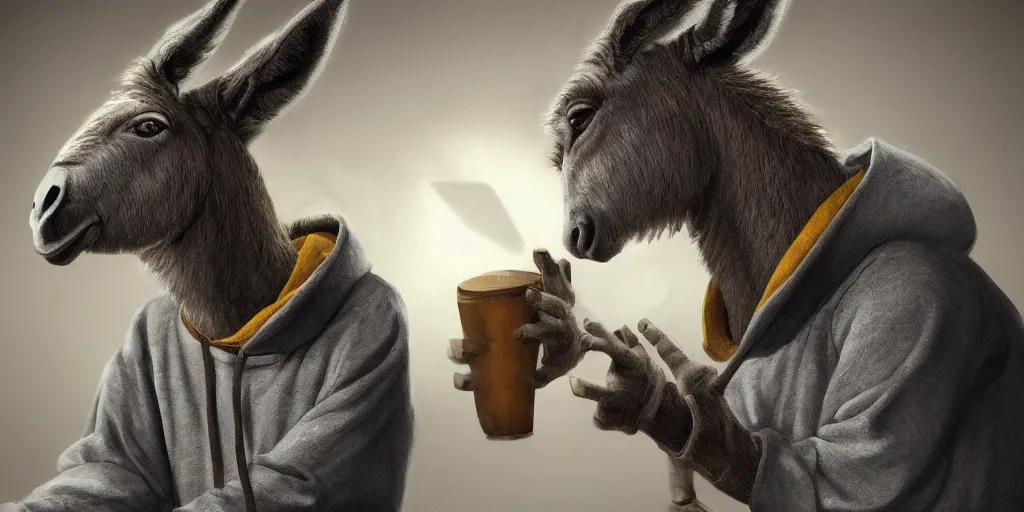 Prompt: donkey wearing a hoodie sweatshirt in a basement tracking to hack into a computer using a laptop, artstation