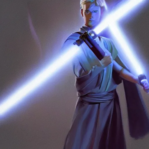 Prompt: Over-the-Shoulder Shot !dream full body Over-the-Shoulder Shot of a young blonde male jedi with short hair with his blue lightsaber is ignited illuminating him and the scene, concept art by Doug Chiang cinematic concept art, realistic painting, high definition, digital art, matte painting, symmetrical, very detailed, realistic, dramatic lighting, cinematic, establishing shot, extremely high detail, photo realistic, cinematic lighting, post processed, concept art, artstation, matte painting, red color scheme, the Mandalorian concept art style