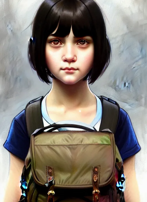 Prompt: Close-up portrait of kind young girl with short black hair in a bob cut, with a backpack, slightly dirty face, portrait, highly detailed, digital painting, artstation, concept art, sharp focus, illustration, art by artgerm and greg rutkowski and alphonse mucha