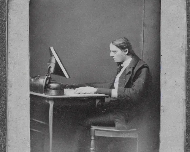 Prompt: an early 1800s photo of someone sitting at a computer looking for good textures to use