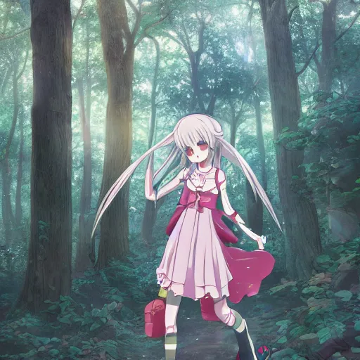 Prompt: an anime mahou shoujo lost in the woods cinematic anime film , exquisite line art, Depth of field, high fidelity, smooth rendering, 4k, hd, Professional anime artist