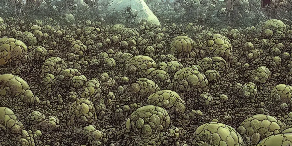 Image similar to alien landscape where strange plants have begun to grow, Moebius