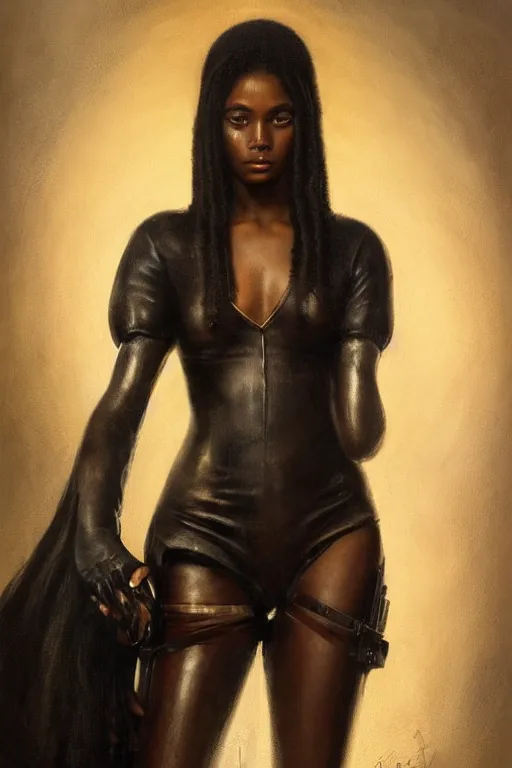 Prompt: breathtaking soft painting of a sensual black girl in leather, with long hair and piercing eyes, in a medieval castle, symmetrical realistic facial features, rembrandt style, elegant, highly detailed, artstation, concept art, matte, sharp focus, art by tom bagshaw, kelogsloops and greg rutkowski