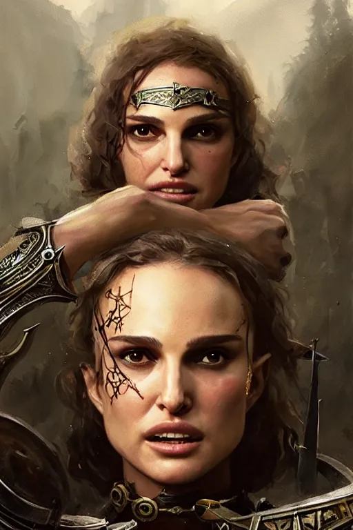 Image similar to natalie portman, legendary warrior, heroic, lord of the rings, tattoos, decorative ornaments, battle armor, by carl spitzweg, ismail inceoglu, vdragan bibin, hans thoma, greg rutkowski, alexandros pyromallis, perfect face, fine details, realistic shading photorealism