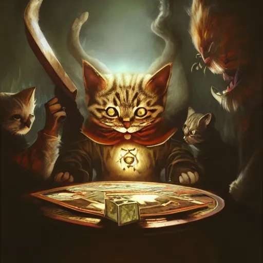 Image similar to Cat, Anthropomorphized, casting evil spell, magic the gathering artwork, D&D, fantasy, centered, symmetrical, highly detailed, artstation, concept art, sharp focus, 8k, art by Akihiko Yoshida and Greg Rutkowski and Craig Mullins, oil painting