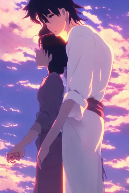 Prompt: fantasy romance movie poster by makoto shinkai, visually stunning, beautiful lighting