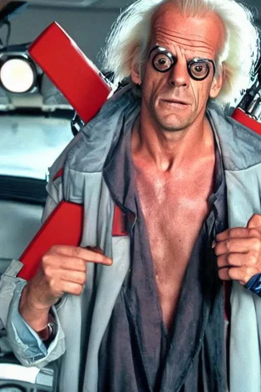 Image similar to a man who looks like christopher lloyd as doc brown back to the future, flux capacitor