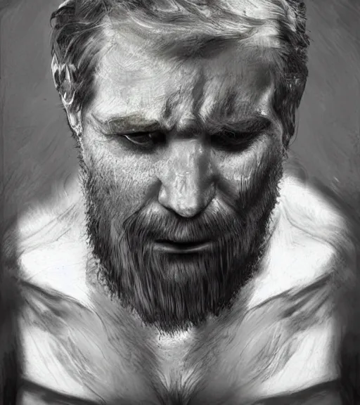 Image similar to portrait of muscular, tired and alcoholic 3 0 - year - ol 5 grieving man with short darkblonde hair, serious sad look in his eyes, looking down, dirty beard, blue eyes, crying tears, wearing dirty soldier uniform, on the desert, sad atmosphere, hyper realistic face, character art, art by mark brooks, cryengine, trending on artstation, digital art