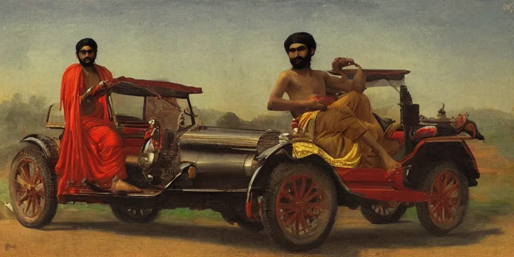 Prompt: man driving a car in the style of raja ravi varma, high detail, realism, national gallery of delhi