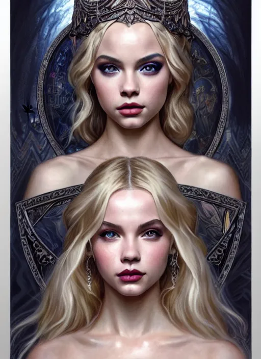 Image similar to ultra realistic illustration, a stunningly beautiful greek gothic goddess of chaos played by jordyn jones and dove cameron and margot robbie and taylor swift and megan fox, intricate, elegant, highly detailed, digital painting, artstation, concept art, smooth, sharp focus, illustration, art by artgerm and greg rutkowski and alphonse mucha