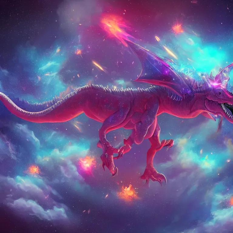 Image similar to a dinosaur dragon hybrid in space, nebula explosion, stars, glowing, fantasy, magical, triangle, loop, pattern, smoke, air, monster, box, spike, hair, flowery, artstation, digital art,