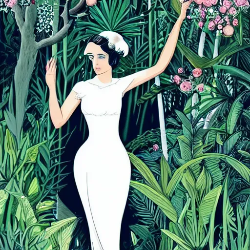 Prompt: elegant woman, white dress, dense jungle, trees, huge flowers, risograph!, omnious, dark, oldschool vintage sci - fi flat surreal design, super - detailed, art nouveau, hd, 4 k, high quality