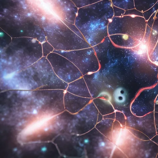 Image similar to army of interconnected neurons made of steel in space with hubble background, vray, 5 5 mm