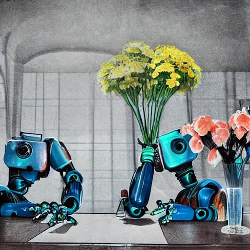 Prompt: robots sitting on a table and dining, flowers as deco on the tables, digital art