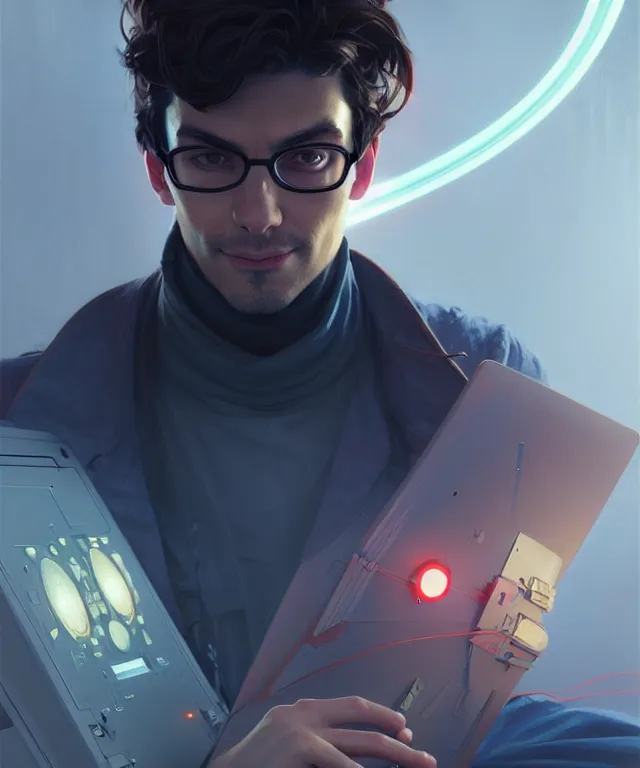 Image similar to Hacker man hacks computer, highly detailed, digital painting, artstation, concept art, smooth, sharp focus, illustration, art by artgerm and greg rutkowski and alphonse mucha