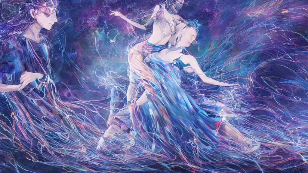 Image similar to a detailed painting of two people dancing togheter inspired by yoshitaka amano enveloped in trails of colorful animal ghosts floating around them. clean painting, realistic and auora lighting. dark blue and intense purple color palette, art by kuvshinov ilya, 8 k