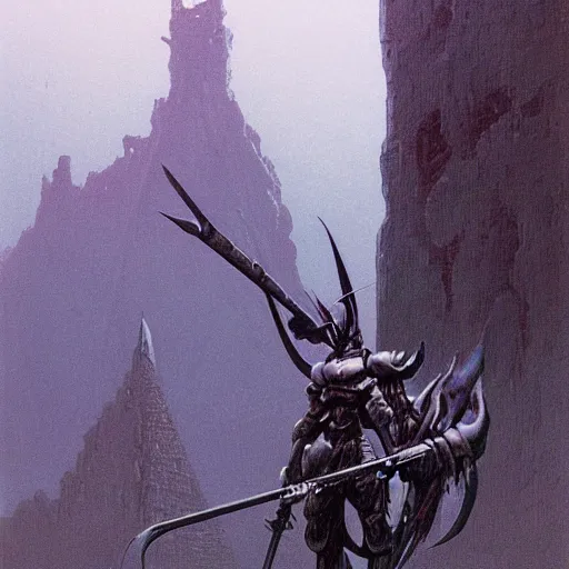 Image similar to concept art of omegamon, sword for lift arm and a cannon for right arm, fantasy, valley, heavy fog, wayne barlowe and zdzislaw beksinski