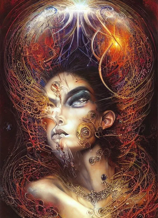 Image similar to magic enlightened cult psychic enchanted woman, painted face, third eye, energetic consciousness psychedelic, epic surrealism expressionism symbolism, perfect, by karol bak, louise dalh - wolfe, masterpiece