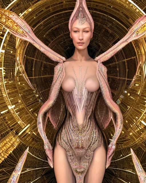 Image similar to a highly detailed metahuman 4 k close up render of an alien goddess bella hadid as alien in iris van herpen dress schiaparelli in diamonds crystals swarovski and jewelry iridescent in style of alphonse mucha gustav klimt trending on artstation made in unreal engine 4