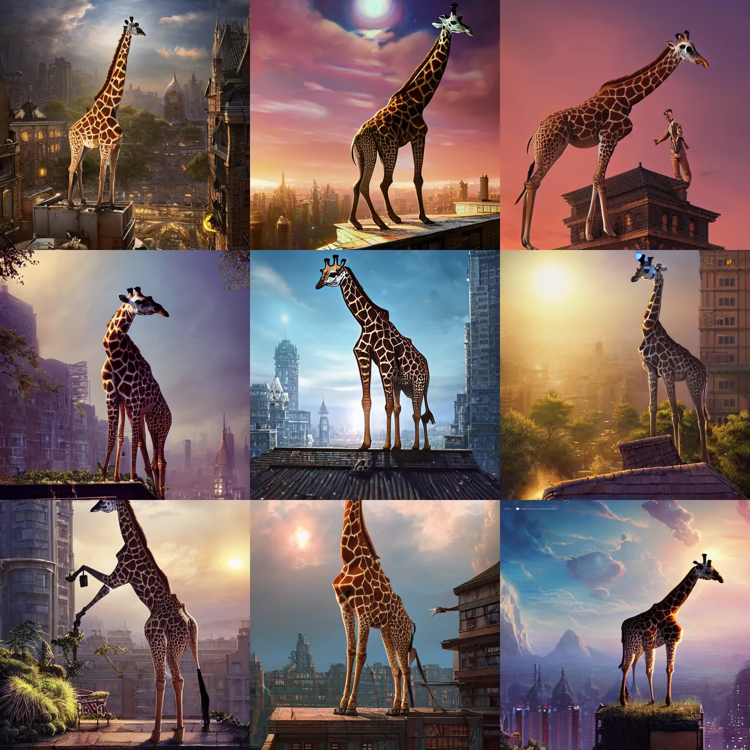 Prompt: giraffe standing on the rooftop, fantasy, intricate, epic lighting, cinematic composition, hyper realistic, 8 k resolution, unreal engine 5, by artgerm, tooth wu, dan mumford, beeple, wlop, rossdraws, james jean, andrei riabovitchev, marc simonetti, yoshitaka amano, artstation