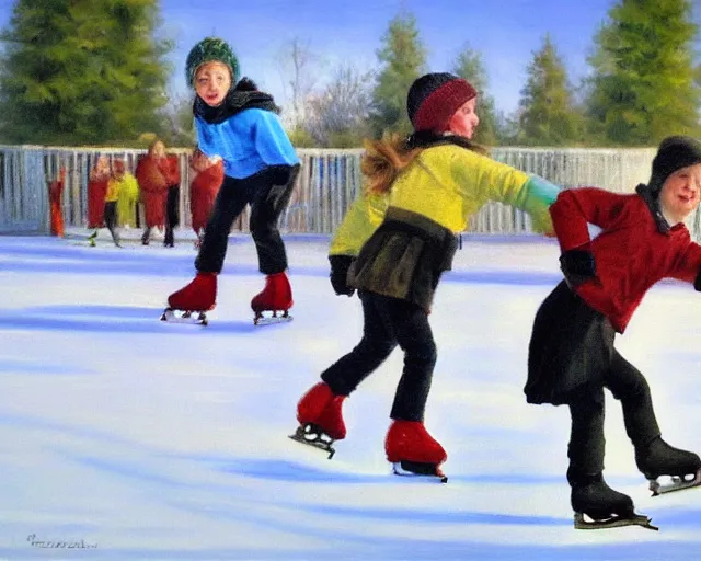 Prompt: Children ice skating. Oil painting by Norbert Schwontkowski.