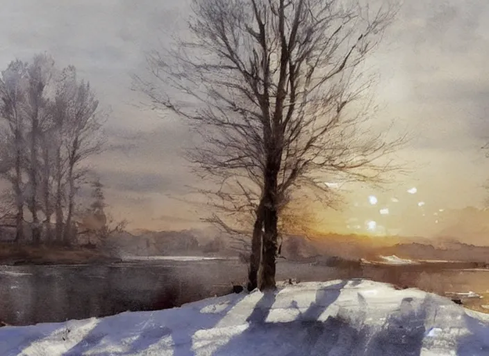 Image similar to watercolor winter landscape, glistering, high detailed art by dennis miller bunker, work by anders zorn, wonderful masterpiece by greg rutkowski, beautiful cinematic light, american romanticism by greg manchess, creation by tyler edlin