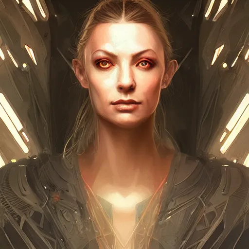 Image similar to cyberpunk galadriel, ethereal, half-body portrait, Lord of the Rings, Neuromancer, science fantasy, portrait, highly detailed, digital painting, artstation, concept art, sharp focus, illustration, art by artgerm and greg rutkowski and magali villeneuve, red white and gold color scheme