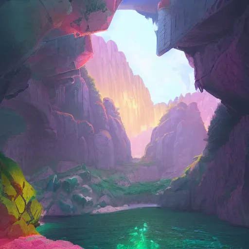 Prompt: view of the entrance to a dungeon of the gods at the base of an ancient mountain, realistic lighting, dark, foreboding, highly detailed, pink green yellow red color scheme, behance hd, makoto shinkai and lois van baarle, ilya kuvshinov, rossdraws, global illumination