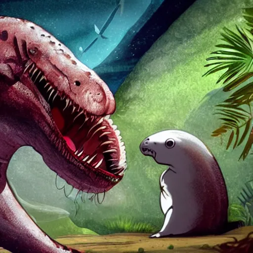 Image similar to a tyrannosaurus eating a baby harp seal, tropical jungle alien planet, genndy tartakovsky, primal, scary lighting, clear focus, very coherent