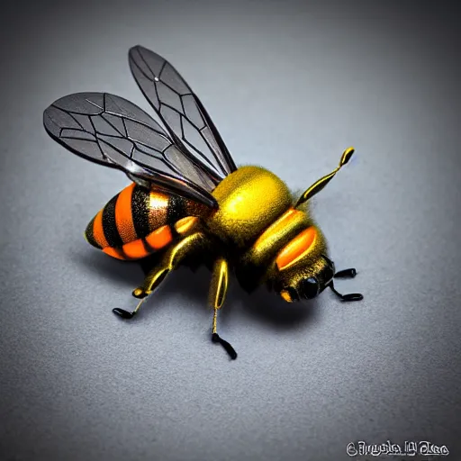 Image similar to 3D bee made of metal, shiny, with orange background