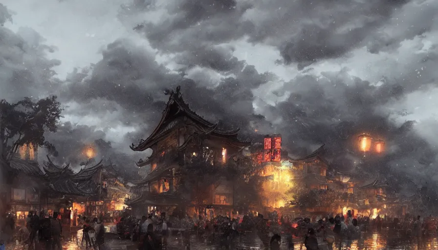 Image similar to craig mullins and wenjun lin zhongyuan festival in fujian ， lanterns in the sky ， river ， dark sky ， fire clouds ， ， village ， ghost ， unreal engine, hyper realism, realistic shading, cinematic composition, realistic render, octane render, detailed textures, photorealistic, wide shot