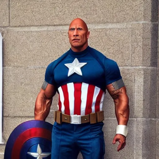 Image similar to dwayne the rock johnson in a captain america costume in a church