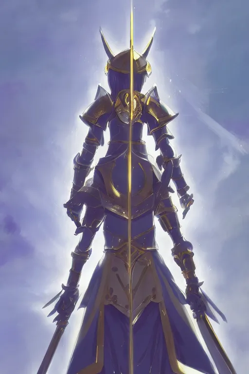 Prompt: anime key visual concept art of anime female knight standing in the doorway of a grand chapel, silver armor with gold trims, warscythe holstered on her back, trending on artstation, brush strokes, oil on canvas, style of kawacy and makoto shinkai and greg rutkowski and studio ghibli