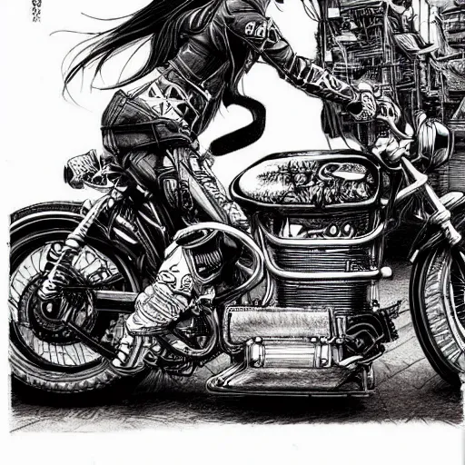 Prompt: an incredibly detailed ink pen drawing of a japanese female in motorcycle clothing by kim jung gi